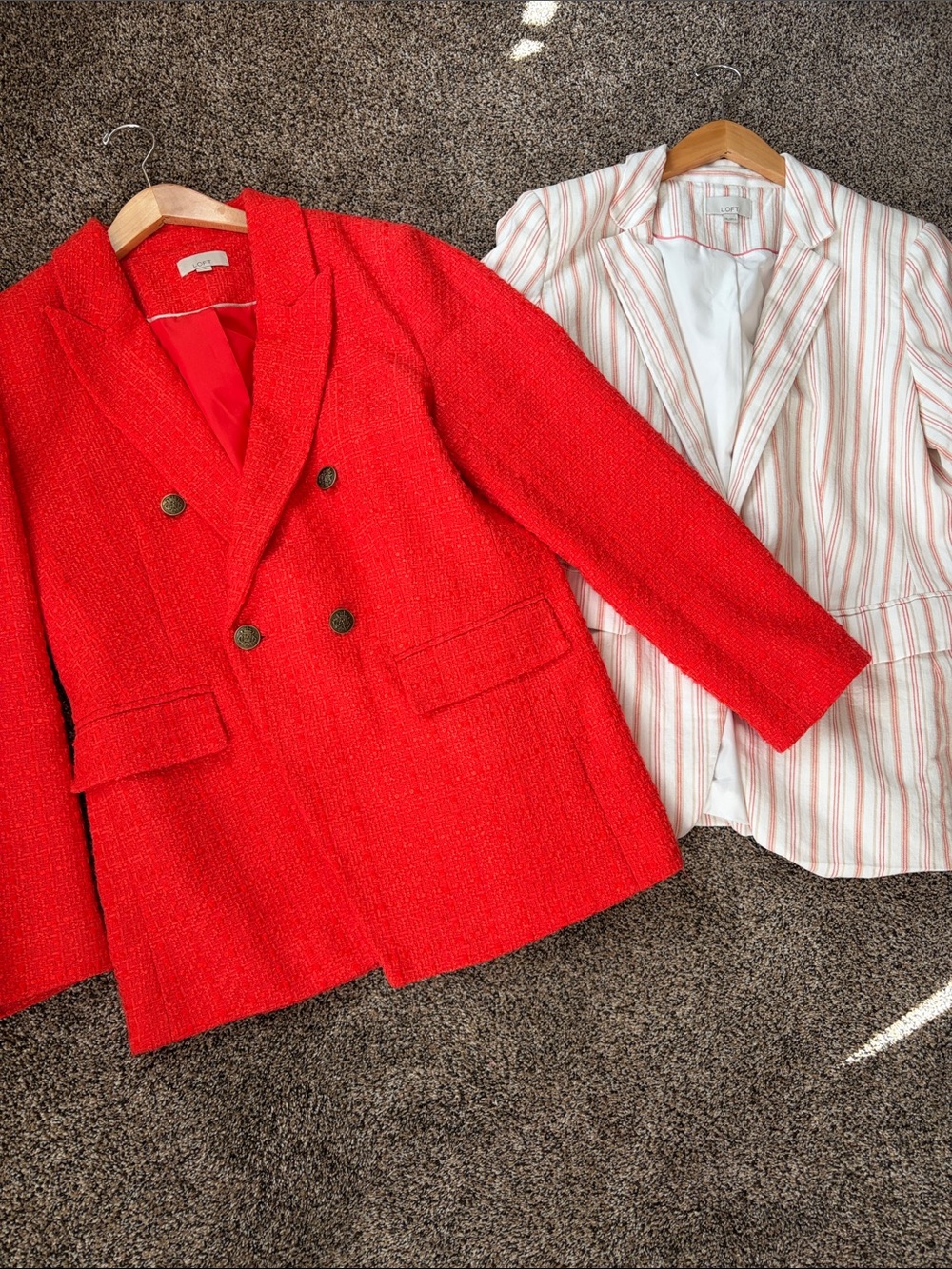 Loft blazers Bold Red Tweed Double-Breasted Blazer and striped blazer
